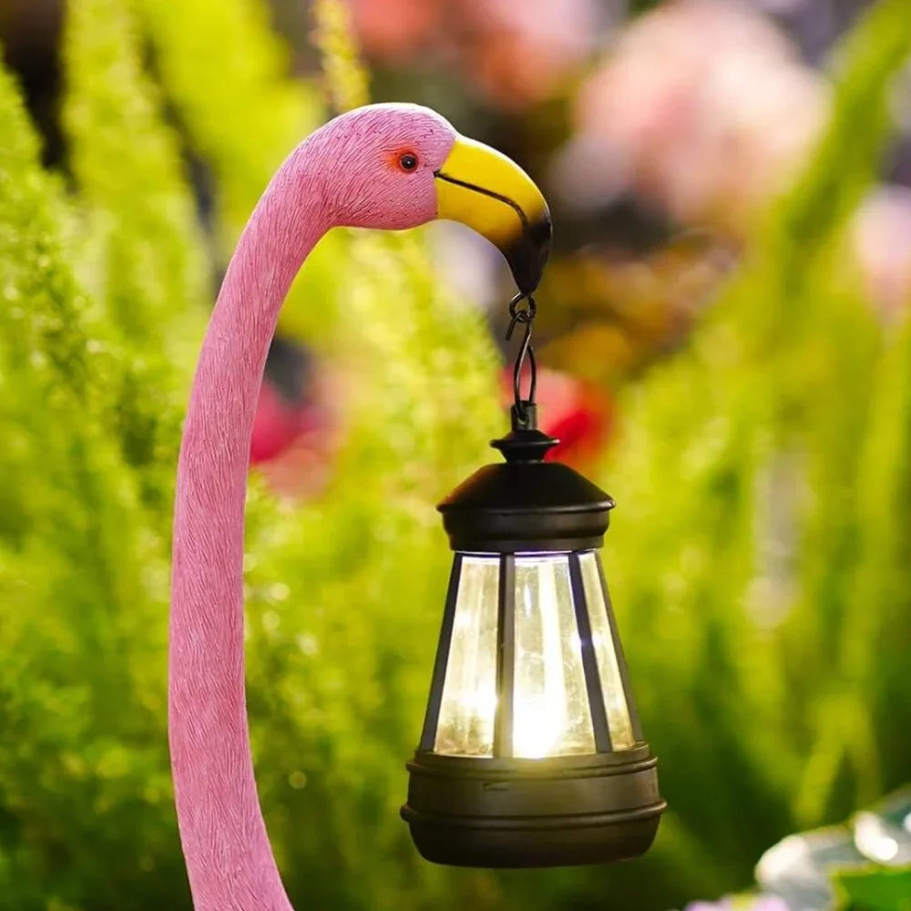 Flamingo Statue w/ Solar Lantern Bird Sculpture Yard Art Outdoor Garden Decor
